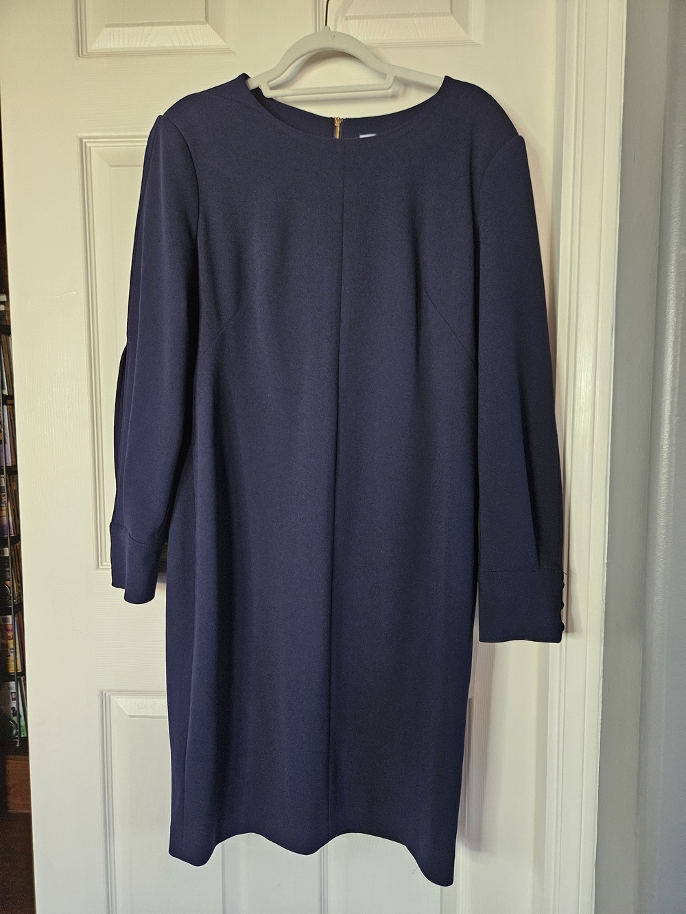 Calvin Klein Shealth Dress Navy Blue Stretch Bishop Sleeve Formal Classy Size 16
